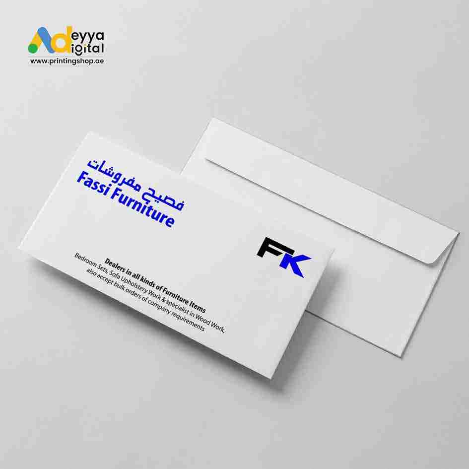 Professional envelope printing in Dubai with various sizes, shapes, and designs