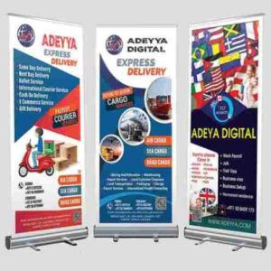 Portable roll-up stand display made in Dubai, ideal for events, exhibitions, and trade shows.